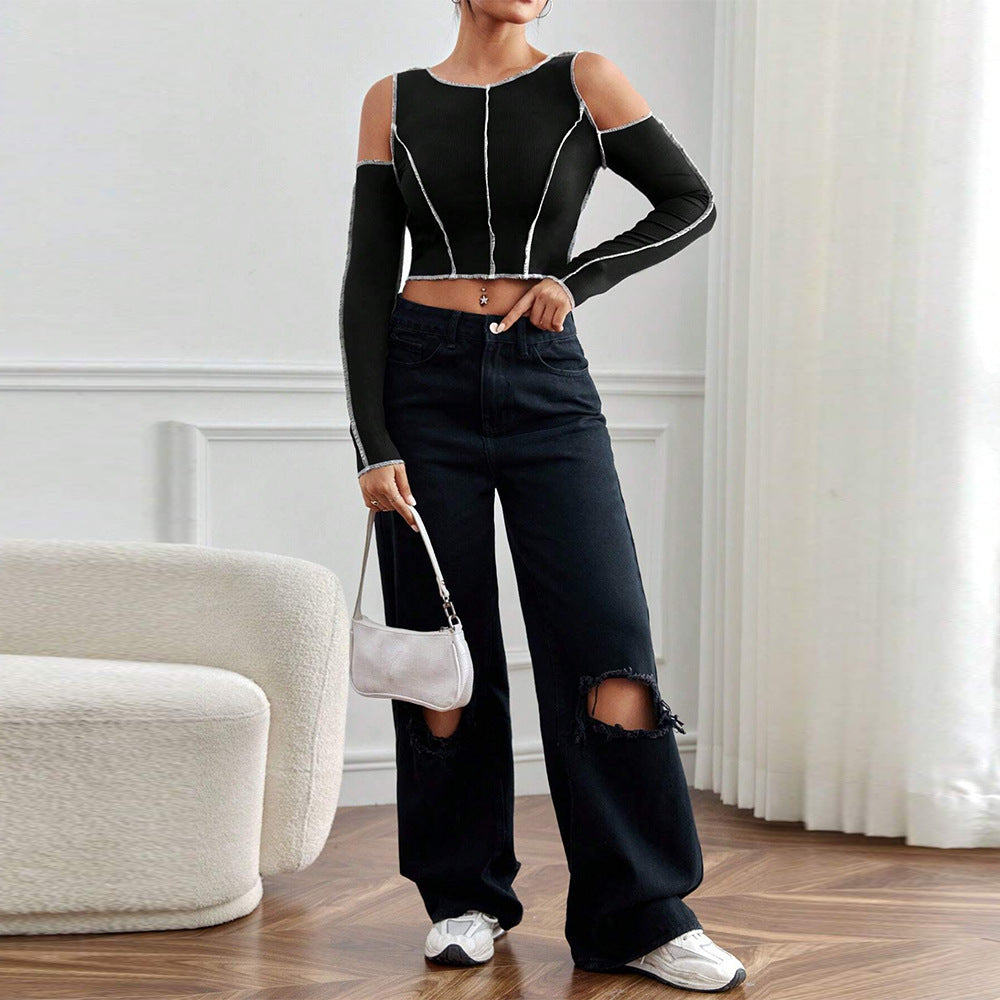 T-shirt crop à manches longues pour femmes avec des détails découpés et un contraste à la mode Levoire
