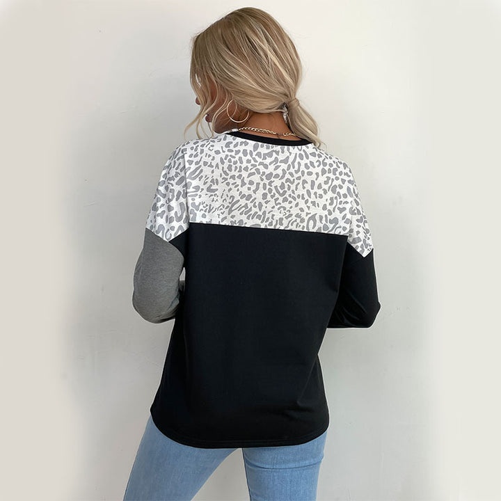 Chemise longue à manches longues pour femmes avec impression léopard créative et rayures en blocs Levoire