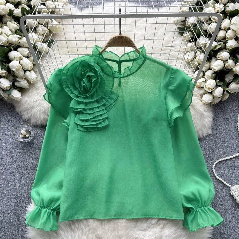Levoire | Dolce Chiffon-blouse à manches bouffantes Vert Taille libre