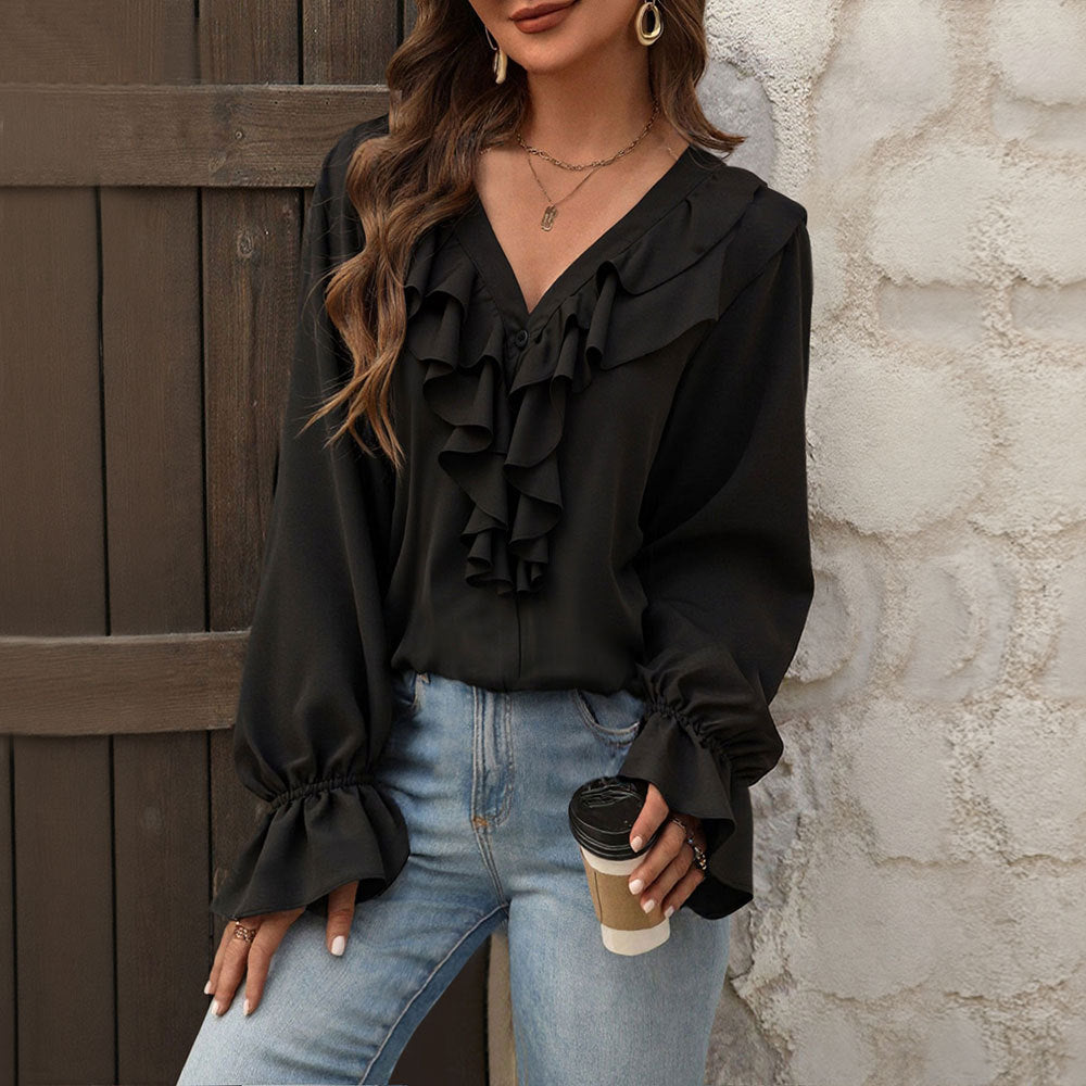 Blouse pour femme avec des détails de volants élégants et un chic col en V Levoire