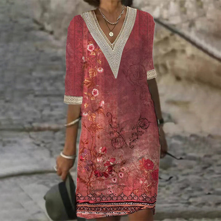 Levoire | Robe courte à col V imprimée relaxante 4-bordeaux