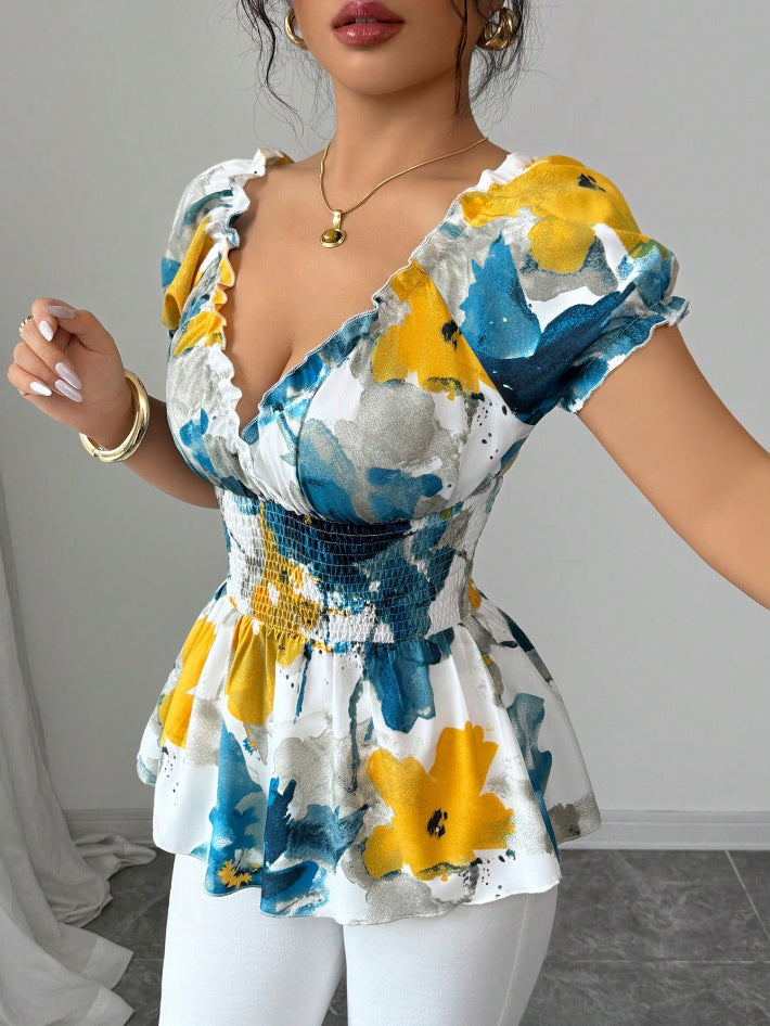 Blouse femme avec volants floraux et taille élastique Levoire