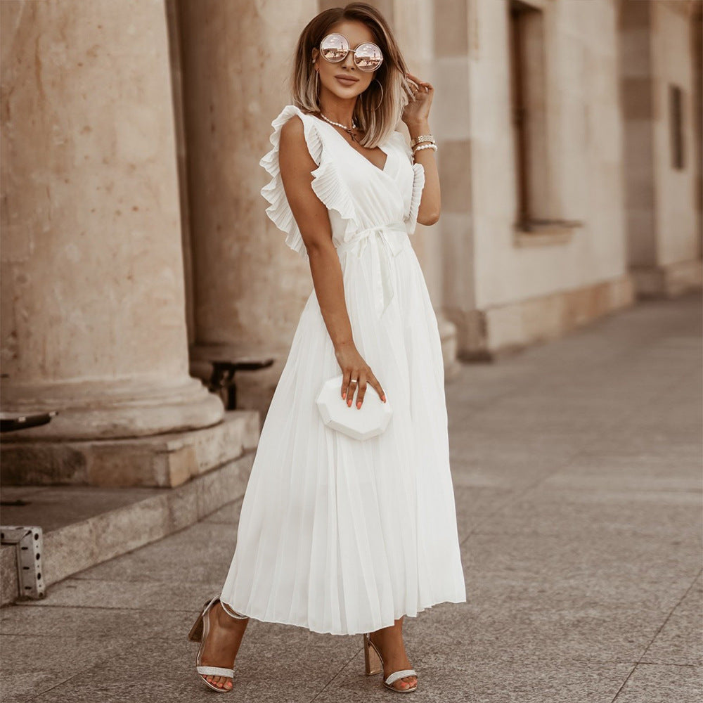 Levoire | Robe élégante de plage slim sexy avec manches à volants en chiffon de couleur unie