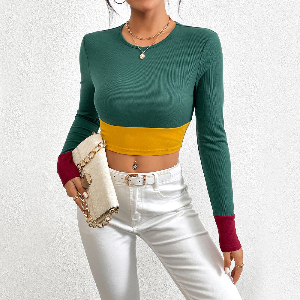 T-shirt court pour femmes avec design en bloc de couleur et manches longues Levoire
