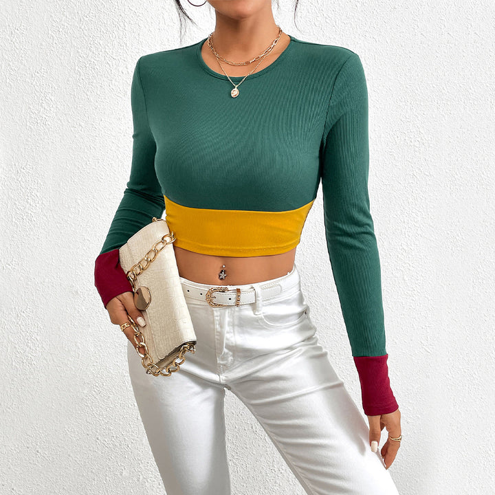T-shirt court pour femmes avec design en bloc de couleur et manches longues Levoire