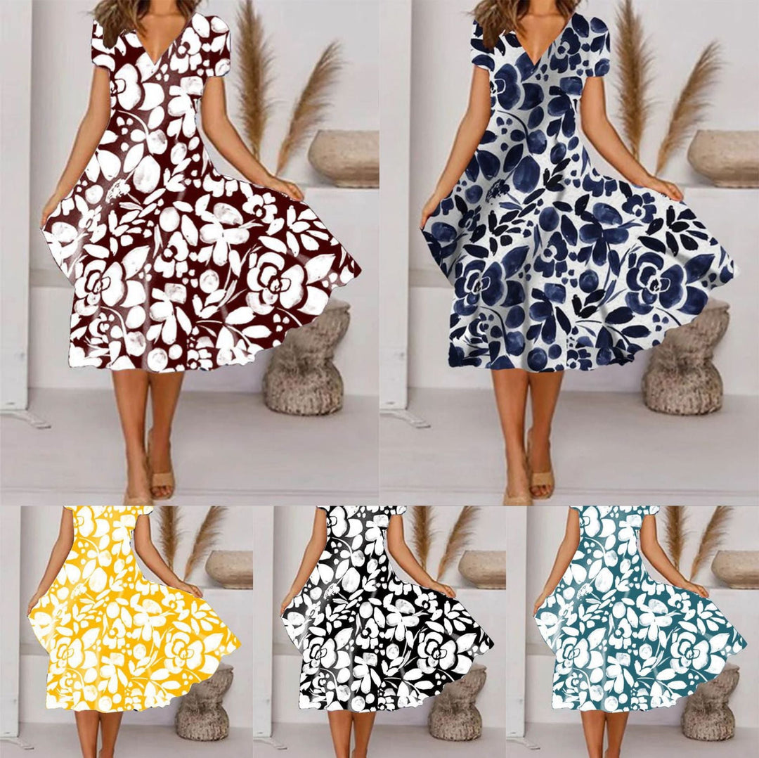 Levoire | Robe à manches courtes avec décolleté en V à imprimé floral élégant