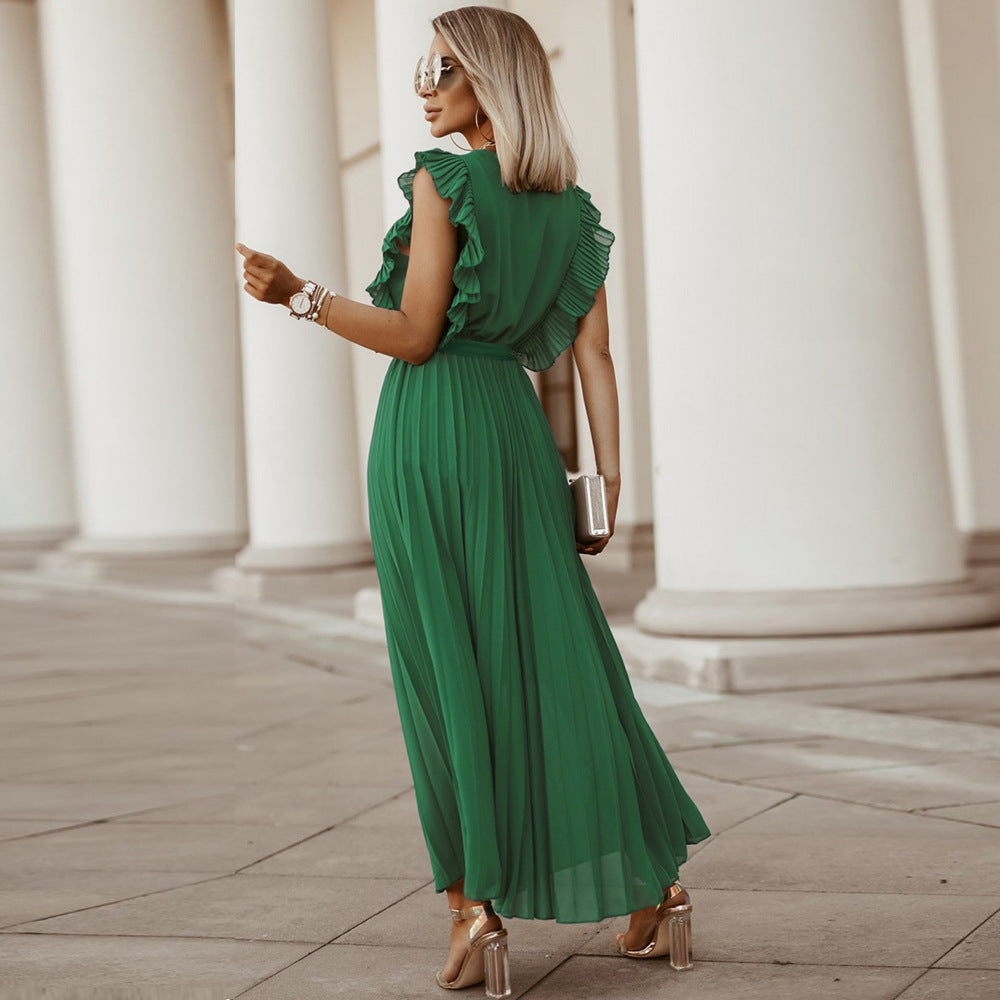 Levoire | Robe élégante de plage slim sexy avec manches à volants en chiffon de couleur unie