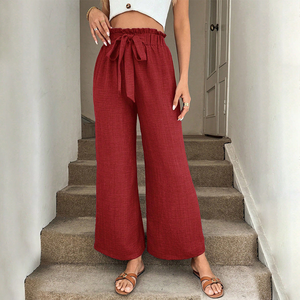 Pantalons en tissu large décontractés pour femmes avec taille élastique et ceinture à nouer Levoire