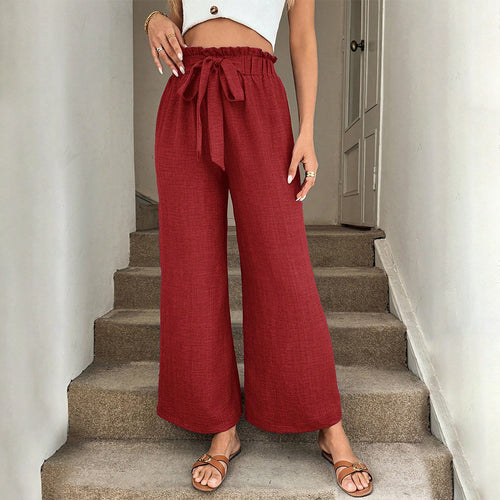 Pantalons en tissu large décontractés pour femmes avec taille élastique et ceinture à nouer Levoire