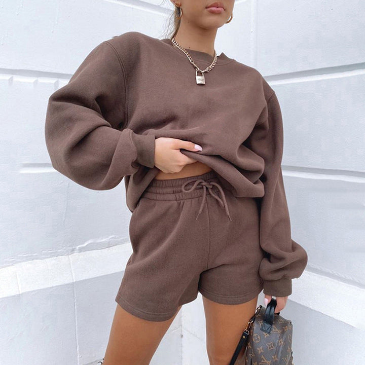 Levoire | Ensemble de sweat à col rond polyvalent et shorts Braun