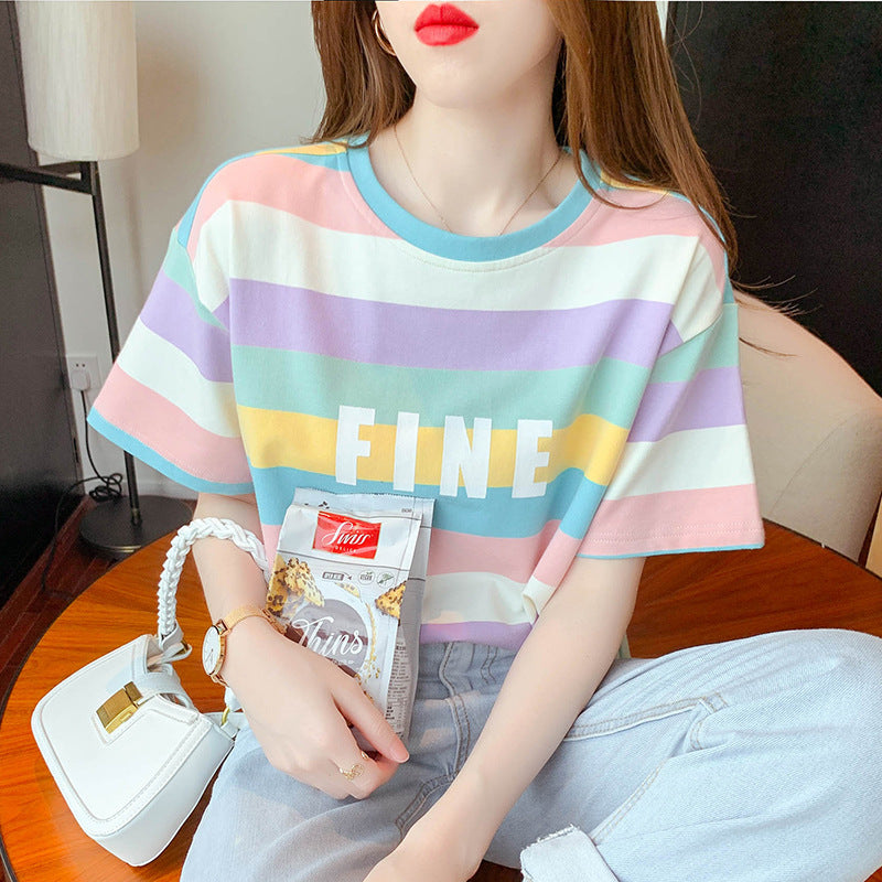 T-shirt femme avec motif rayé coloré et lettrage créatif Levoire