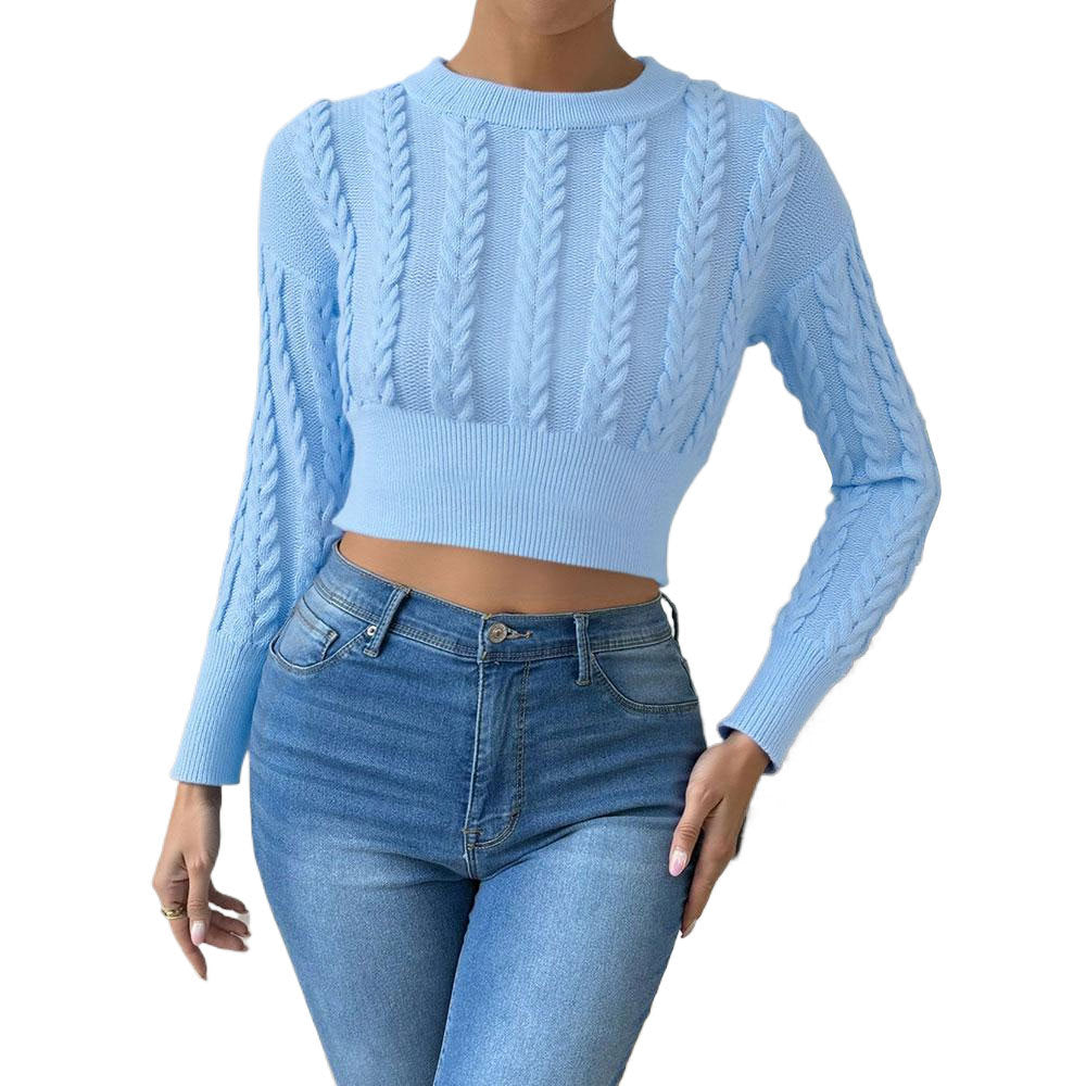Top tricoté à-cut courte pour femmes avec motif en câble et manches longues Levoire