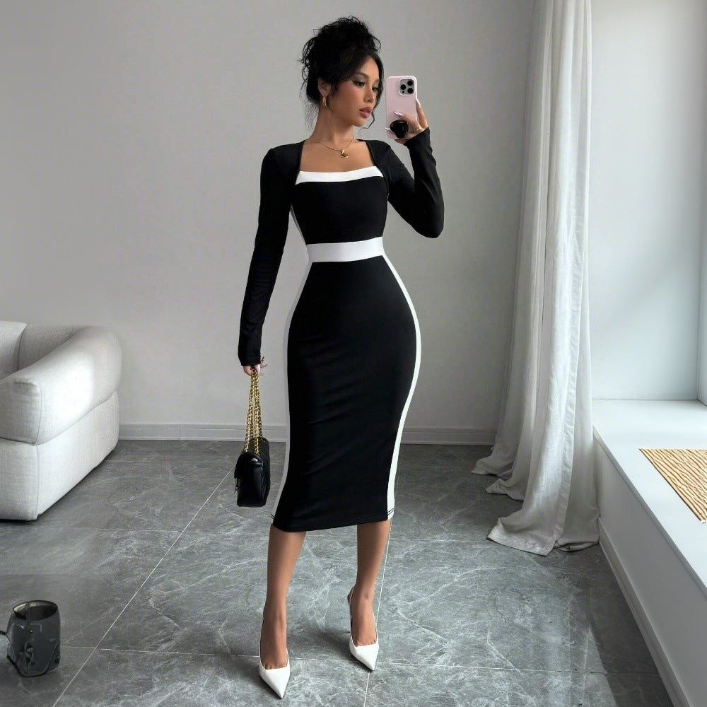 Robe midi ajustée pour femmes avec décolleté carré et accents contrastants Levoire