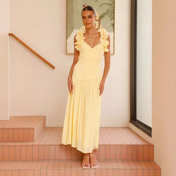Robe maxi fluide pour femme avec volants volumineux et décolleté en V Levoire