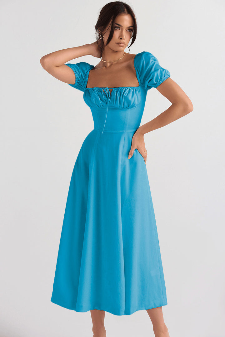 Robe Midi Élégante Femme avec Manches Bouffantes et Encolure Raffinée Levoire