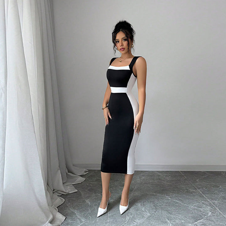 Robe midi ajustée pour femme avec coupe tendance contrastante et bretelles fines Levoire