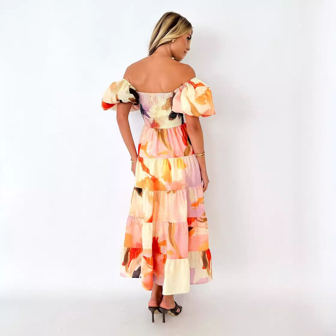Robe maxi femme avec design dénudé des épaules et manches volumineuses à volants Levoire