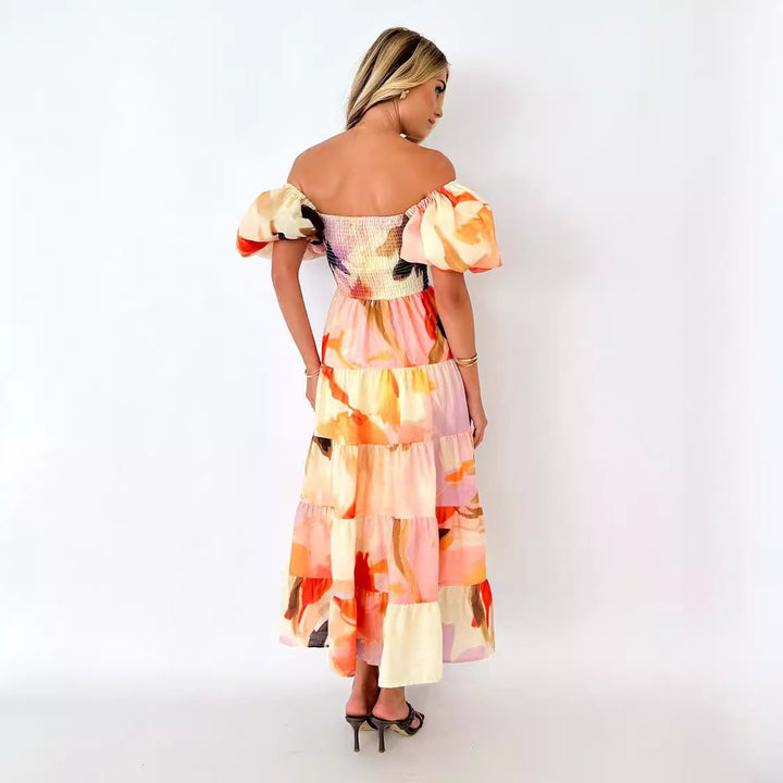 Robe maxi femme avec design dénudé des épaules et manches volumineuses à volants Levoire