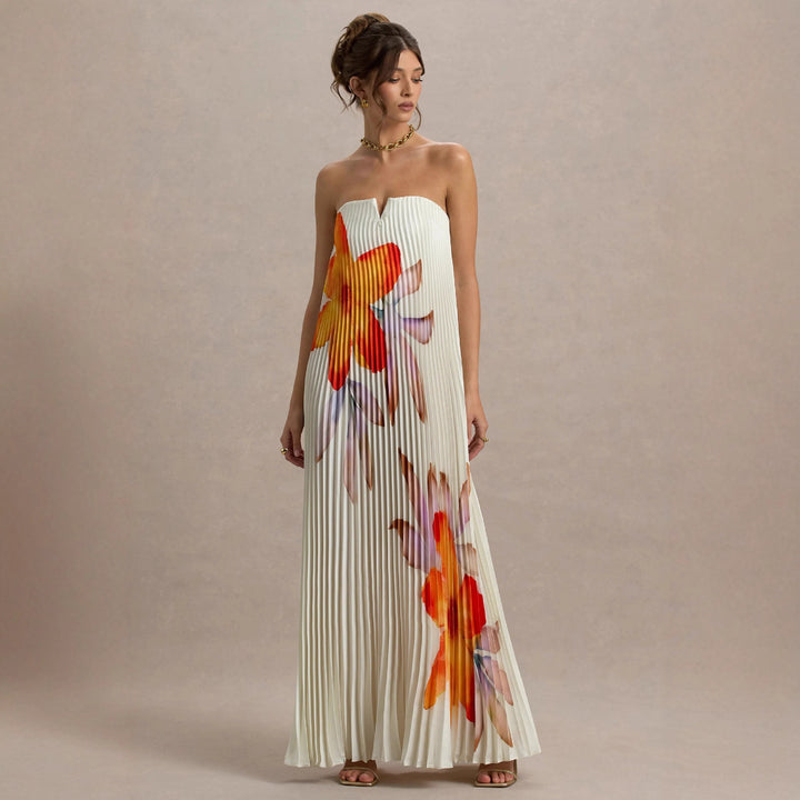 Robes élégante plissée pour femmes avec design floral et encolure sans bretelles Levoire