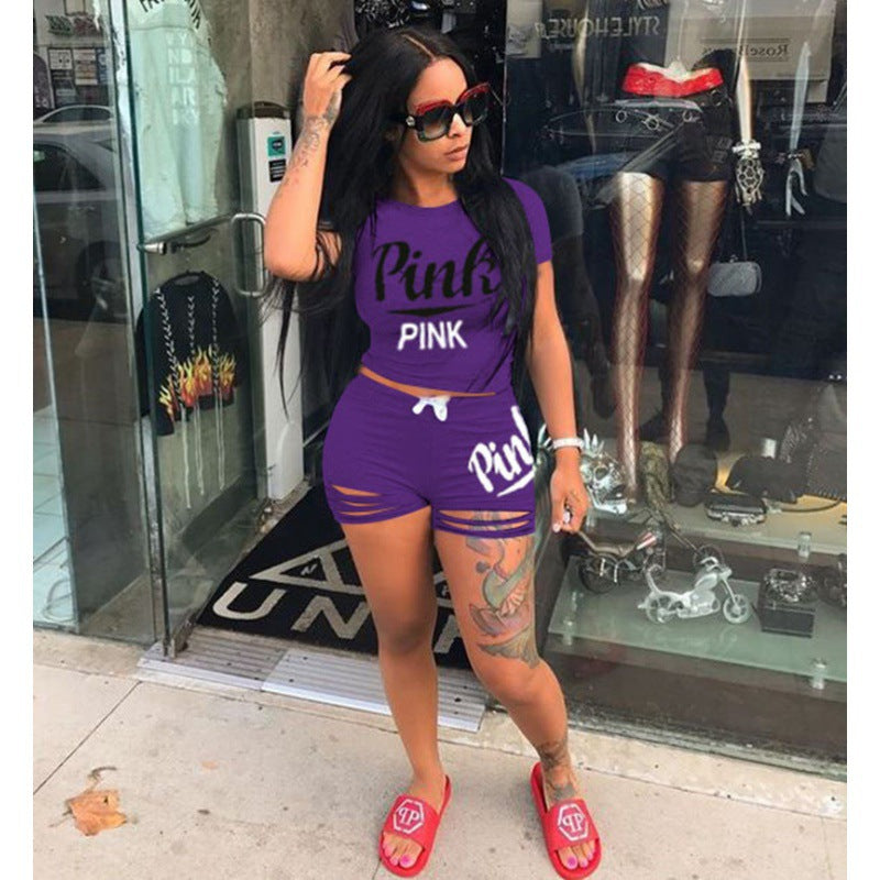 Ensemble t-shirt et short pour femmes sportif avec coupe décontractée et imprimés contrastés Levoire