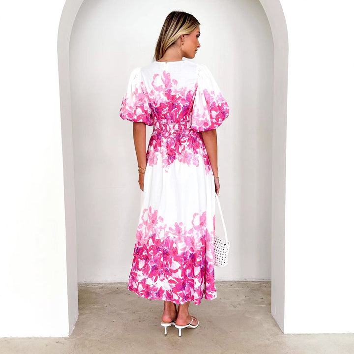 Robe maxi pour femmes avec manches bouffantes volumineuses et design floral Levoire