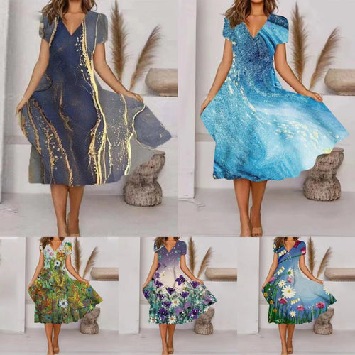 Levoire | Chic Imprimé Élégant Robe à Col en V à Manches Courtes
