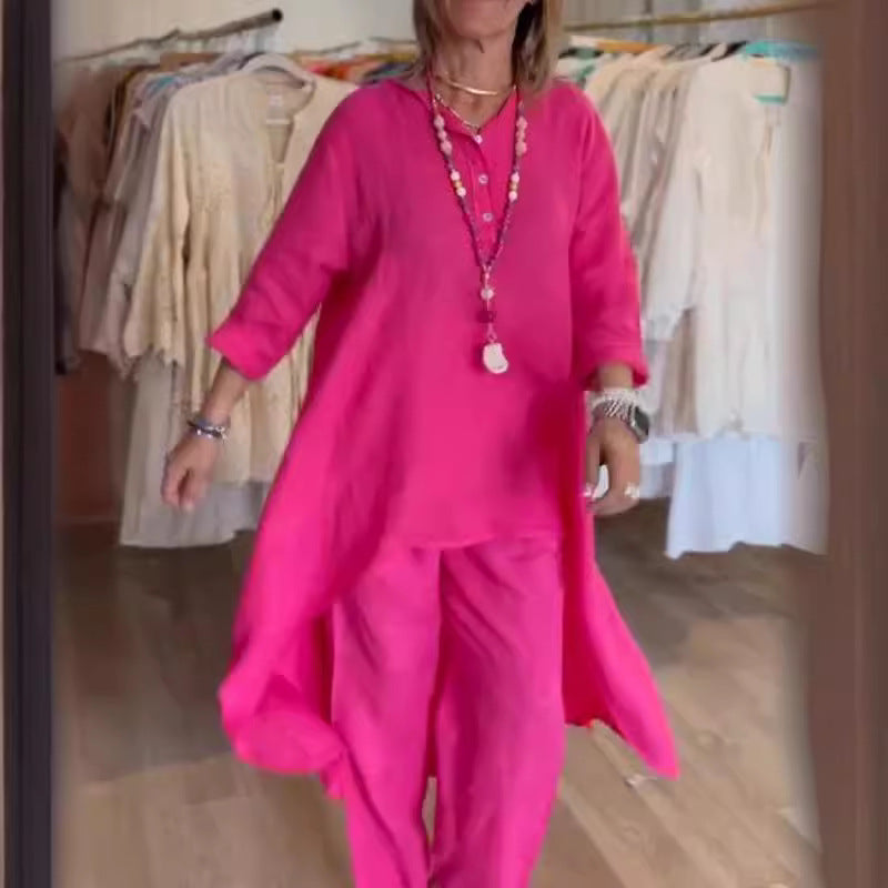 Levoire | Ensemble De Loisirs Unicolore En Lin Pour Femmes Fuchsia