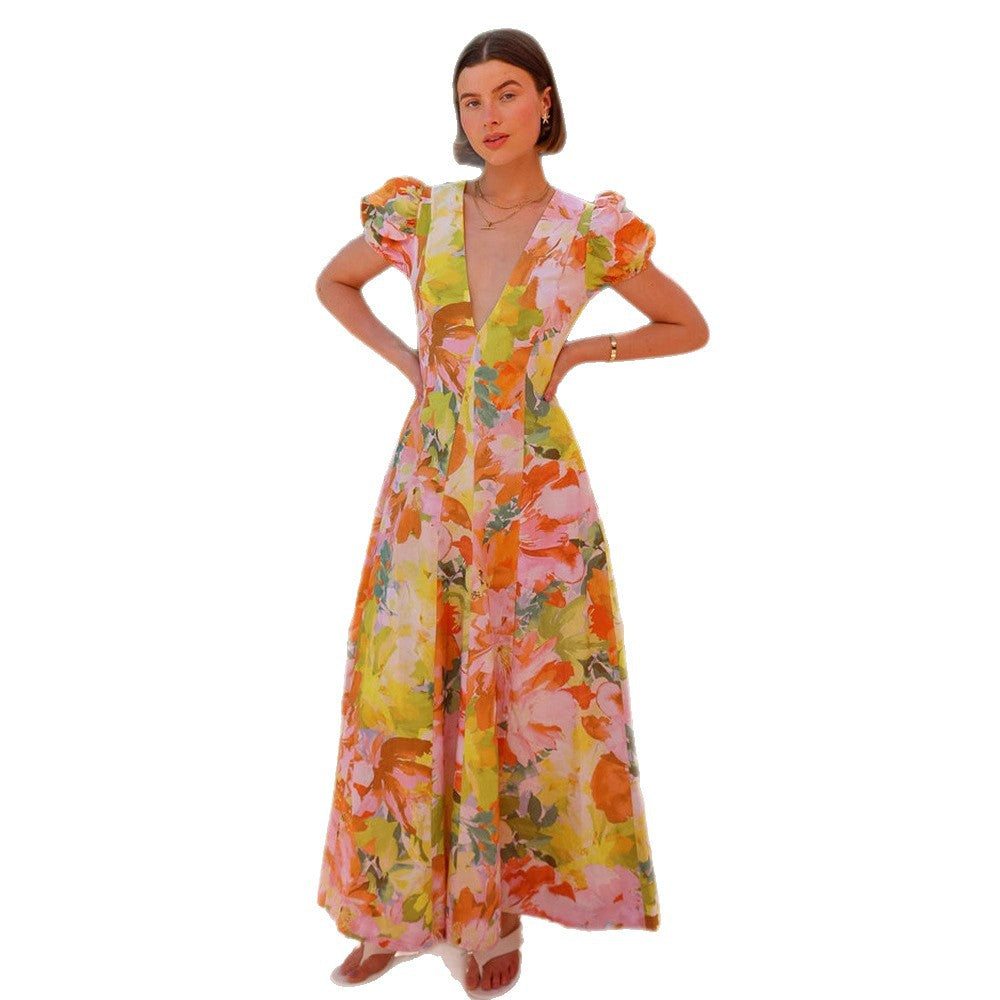 Robe maxi femme avec décolleté en V et manches bouffantes Levoire