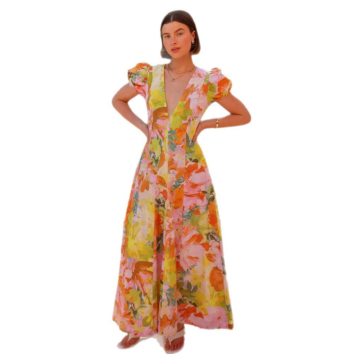 Robe maxi femme avec décolleté en V et manches bouffantes Levoire