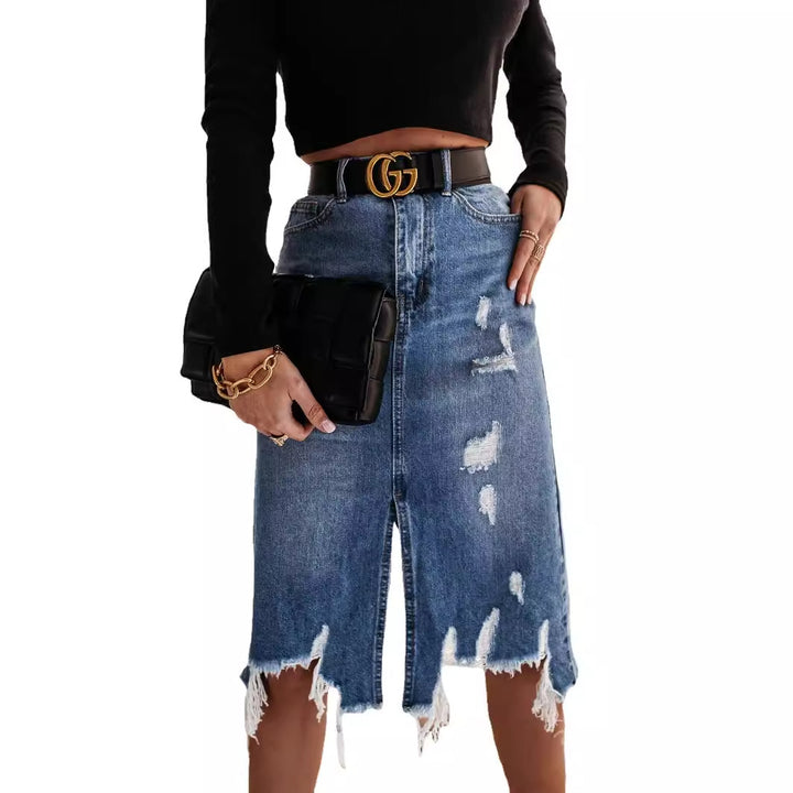 Jupe en denim décontractée pour femme avec ourlet asymétrique et détails déchirés Levoire