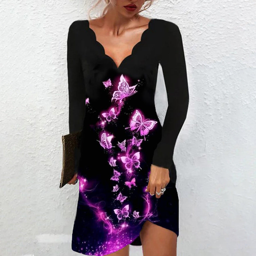 Levoire | Chic Imprimé Ondulé Col V Manches Longues Violet