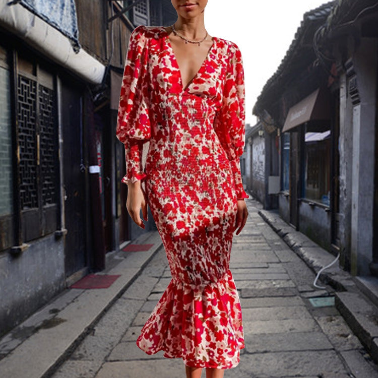Robes Bodycon pour femmes avec ourlet volanté et motif floral glamour Levoire