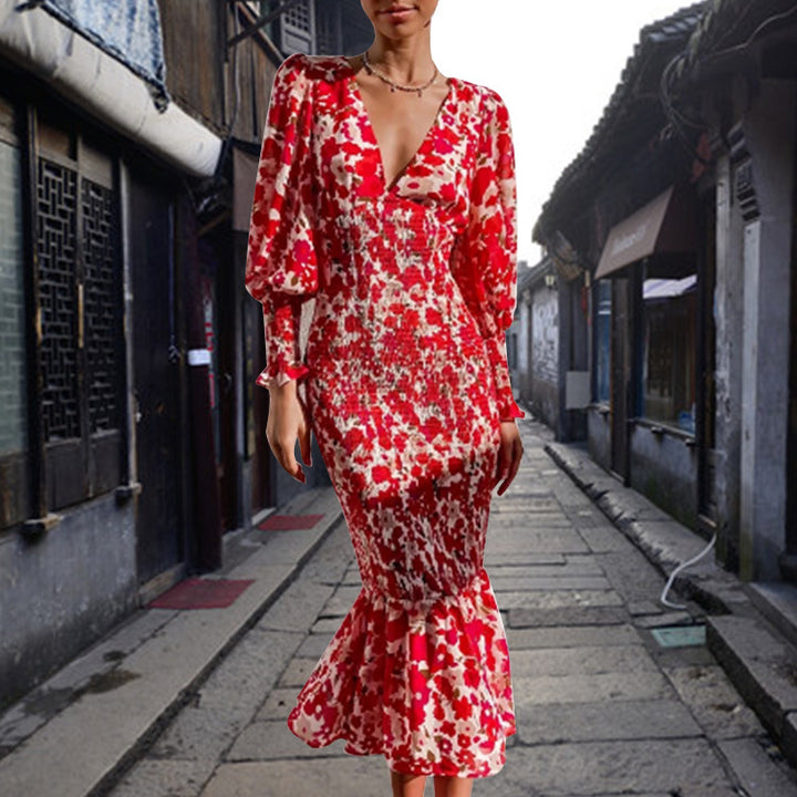 Robes Bodycon pour femmes avec ourlet volanté et motif floral glamour Levoire