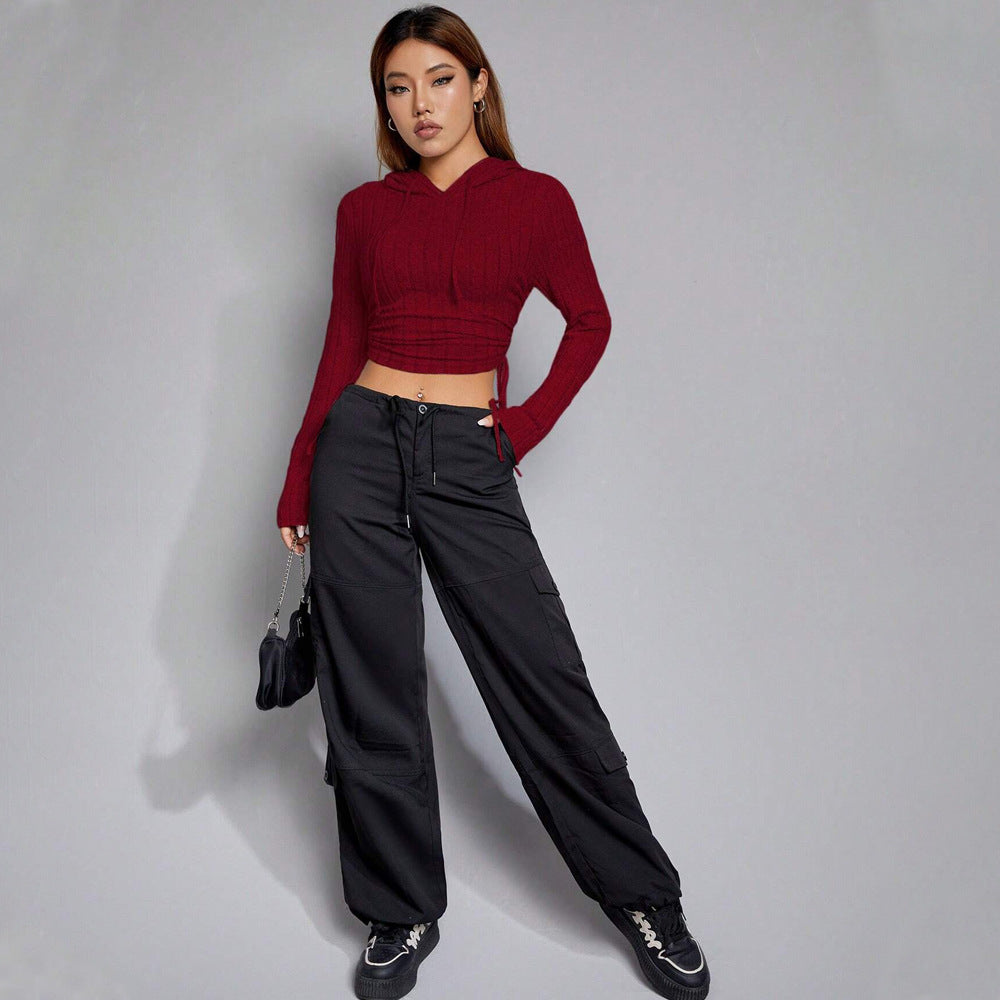 Haut de hoodie cropped pour femme à manches longues et motif côtelé élégant Levoire