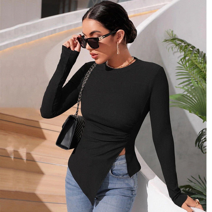 Blouse enveloppante à manches longues pour femmes avec coupe asymétrique et volants élégants Levoire