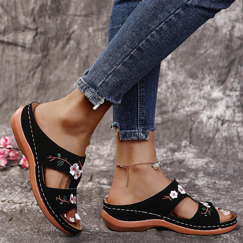 Levoire | Sandales Orthopédiques Pour Femmes Avec Motif Floral Noir