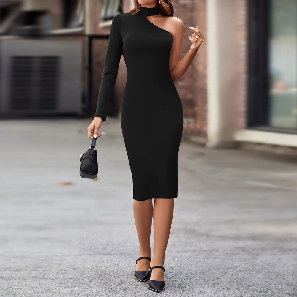 Robe midi asymétrique ajustée pour femmes avec manches longues et col montant élégant Levoire