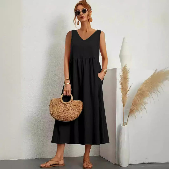 Levoire | Élégant été unicolore sans manches à poches robe V neck noir