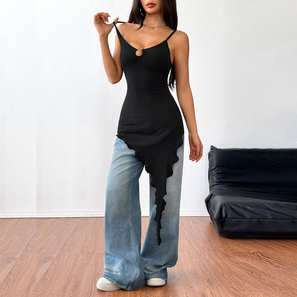 T-shirt à manches longues asymétrique pour femmes avec design de col décoratif Levoire