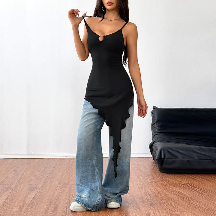 T-shirt à manches longues asymétrique pour femmes avec design de col décoratif Levoire