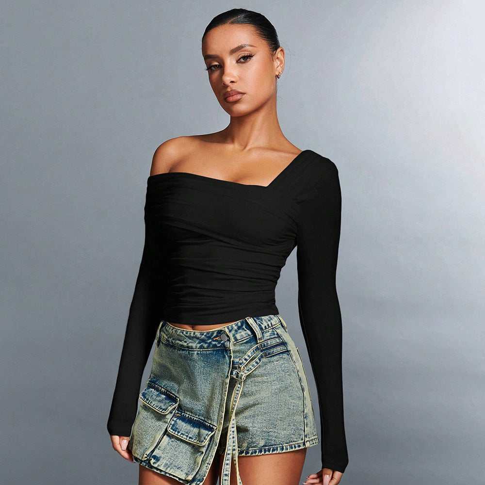 T-shirt élégant asymétrique à manches longues pour femmes avec un design de volants stylé Levoire