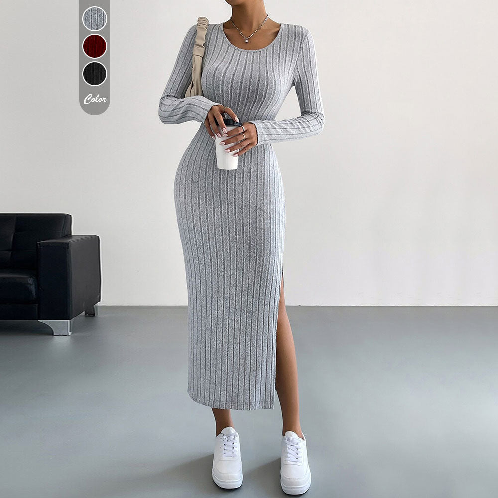 Robe maxi en maille pour femme avec manches longues et fente latérale Levoire