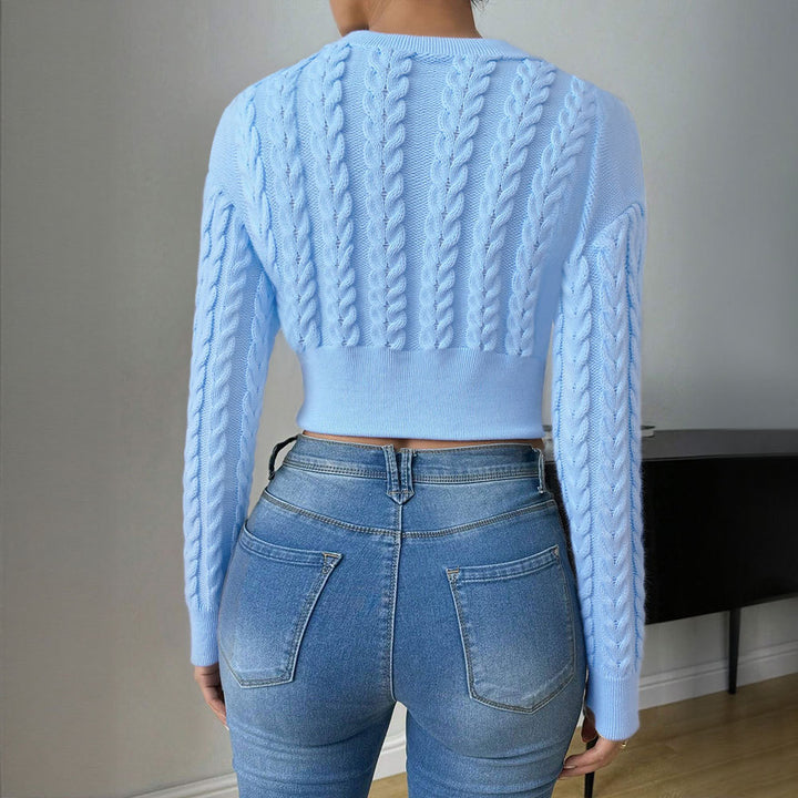 Top tricoté à-cut courte pour femmes avec motif en câble et manches longues Levoire