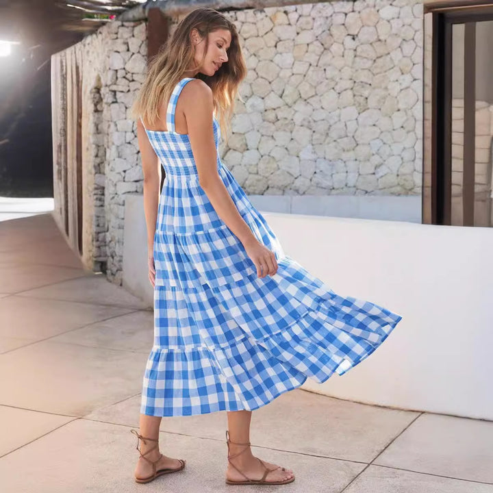 Robe maxi d'été pour femme avec motif à carreaux et coupe fluide Levoire