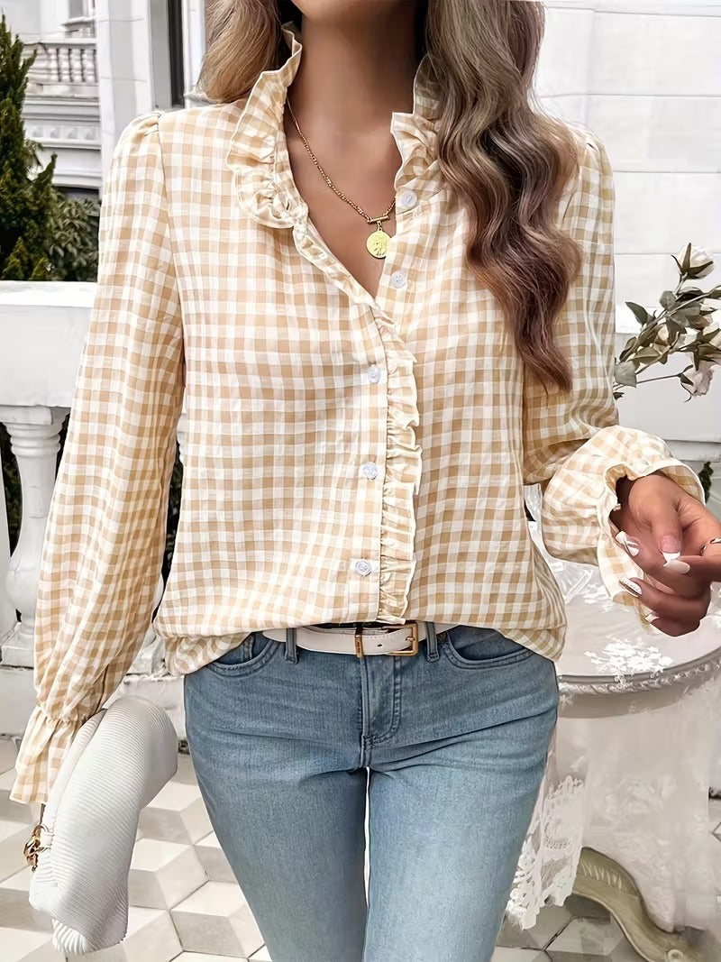 Blouse à volants à carreaux pour femmes avec col montant, patte de boutonnage cachée et manches en cloche Avriane