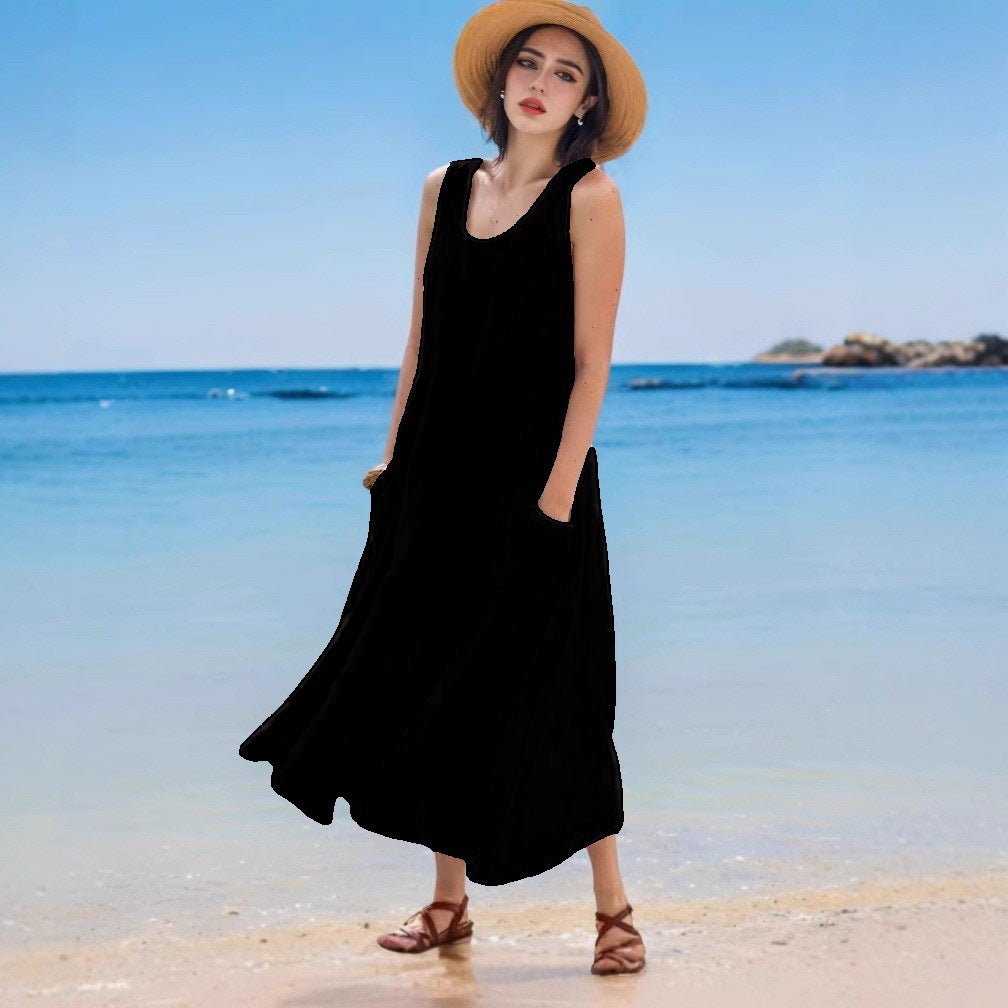 Levoire | Robe en lin Sac d'été Sans manches Col rond Robe Noir