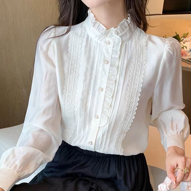 Blouse en Soie de Mûrier avec Col Montant et Volants