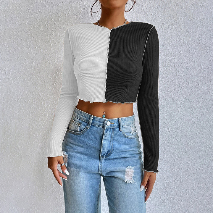 Chemise femme à manches longues cropped avec deux couleurs et design en rib tendance Levoire