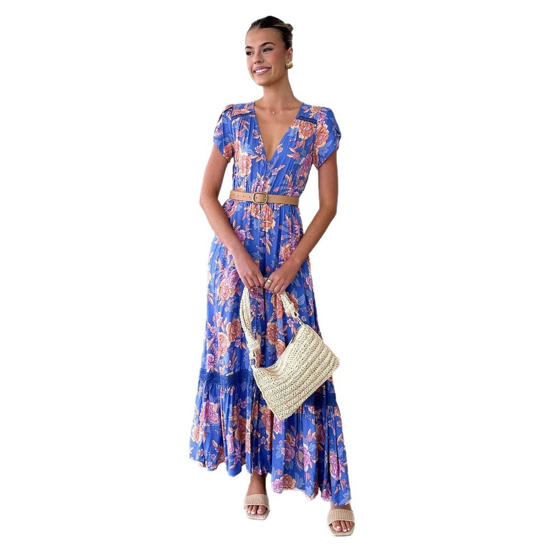 Robe maxi pour femmes avec motif floral et décolleté en V profond Levoire