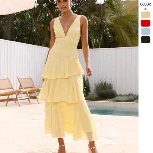 Robe maxi femme avec volants asymétriques et élégant décolleté en V Levoire